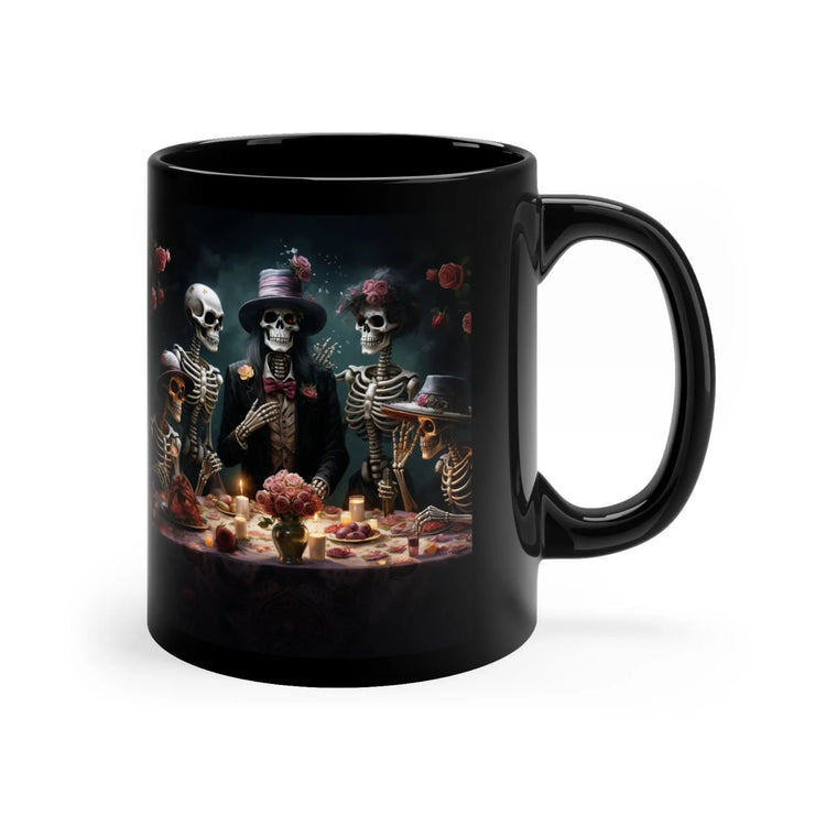 11oz Dia de Los Muertos Black Mug 11oz Day Of the Dead Halloween festive skeleton family dinner party portrait traditional Mexican art The Aurora Touch