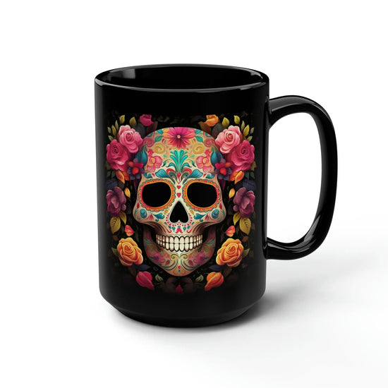 Black Mug, 15oz, Colorful Art, Cadaver, Day of The Dead, Dia de Los Muertos, Halloween Mug, Large Coffee Mug, Festive Mug, Holiday Mug The Aurora Touch