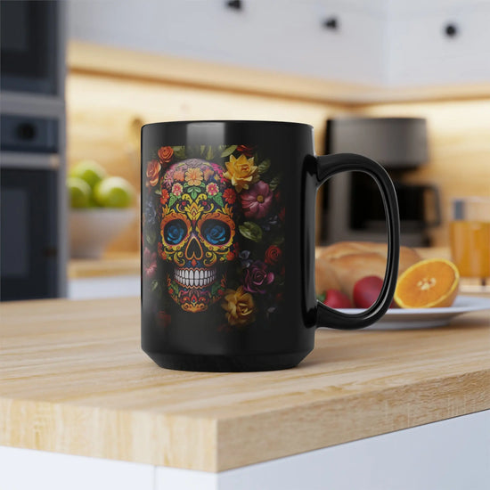Black Mug, 15oz, Artistic Mug, Colorful Art, Day of The Dead, Dia de Los Muertos, Halloween Mug, Large Coffee Mug, Festive Mug, Holiday Mug The Aurora Touch