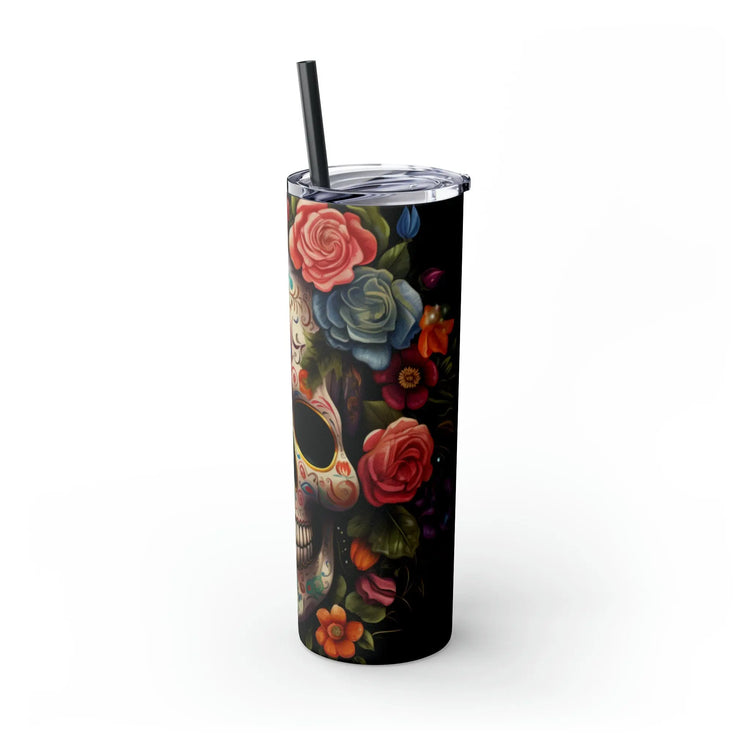 Skinny Tumbler with Straw, 20oz, Dia de Los Muertos day of the dead Mexican tradition artistic non- toxic hot cold carry around mug tumbler The Aurora Touch