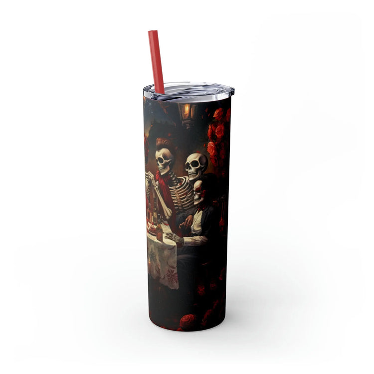 Skinny Tumbler with Straw, 20oz Day of the dead Halloween artistic dead man party dinner portrait scene design hot cold beverage travel cup The Aurora Touch