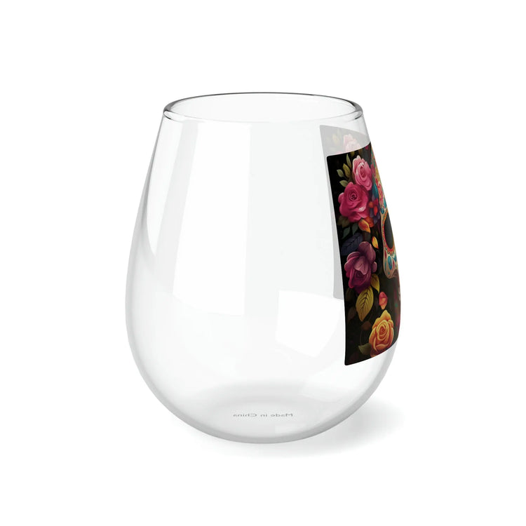 Stemless Wine Glass, 11.75oz Day of the Dead colorful sugar skull traditional portrait design social gathering wine glass The Aurora Touch