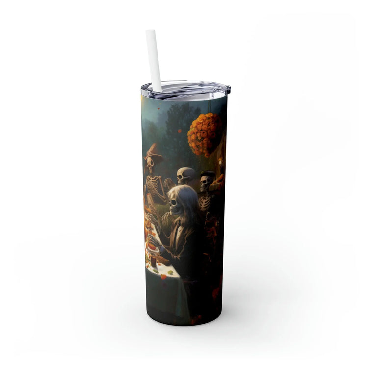 Dia de Los Muertos Skinny Tumbler, Day of the Dead Halloween Artistic Colorful Dead Mans Party Cup with Straw, 20oz The Aurora Touch