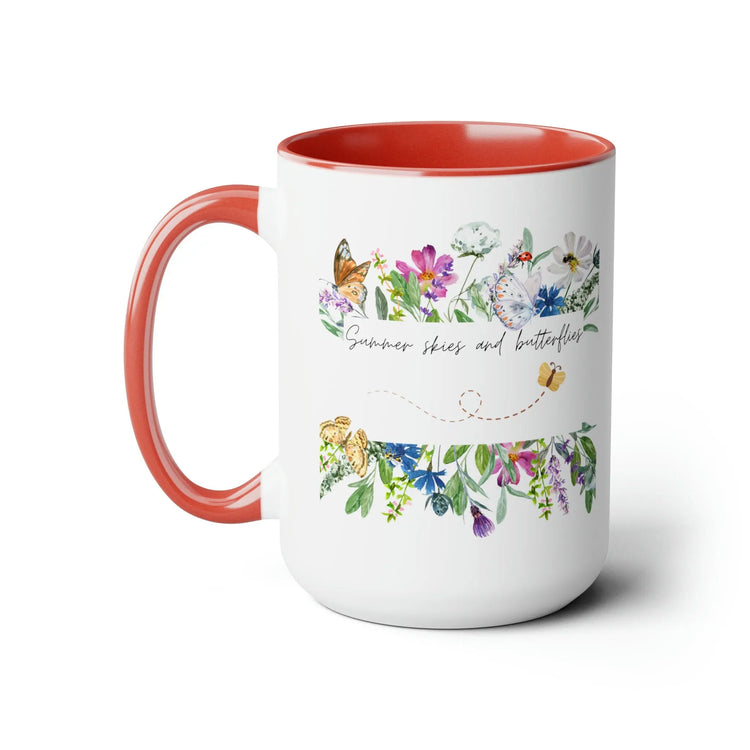 Two-Tone Coffee Mugs, 15oz., Inspirational summer skies and butterflies pretty colorful beverage cup with enlighting message
