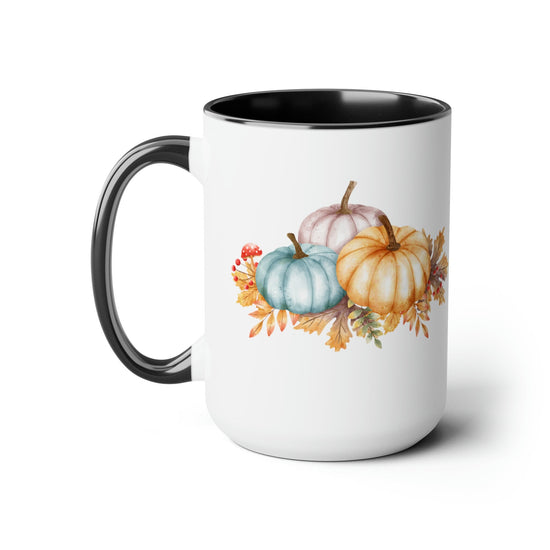 Two-Tone Coffee Mugs, 15oz, Fall November holiday colorful festive pumpkin design large coffee hot tea kitchen decor mug