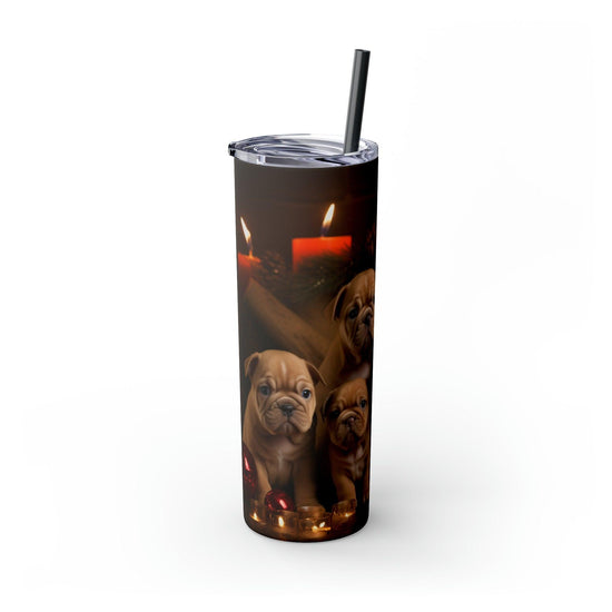 Xmas Holiday Skinny Tumbler with Straw, 20oz - Puppy Xmas, Holiday cups, Travel mug, Pet lover gift, Holiday portraits