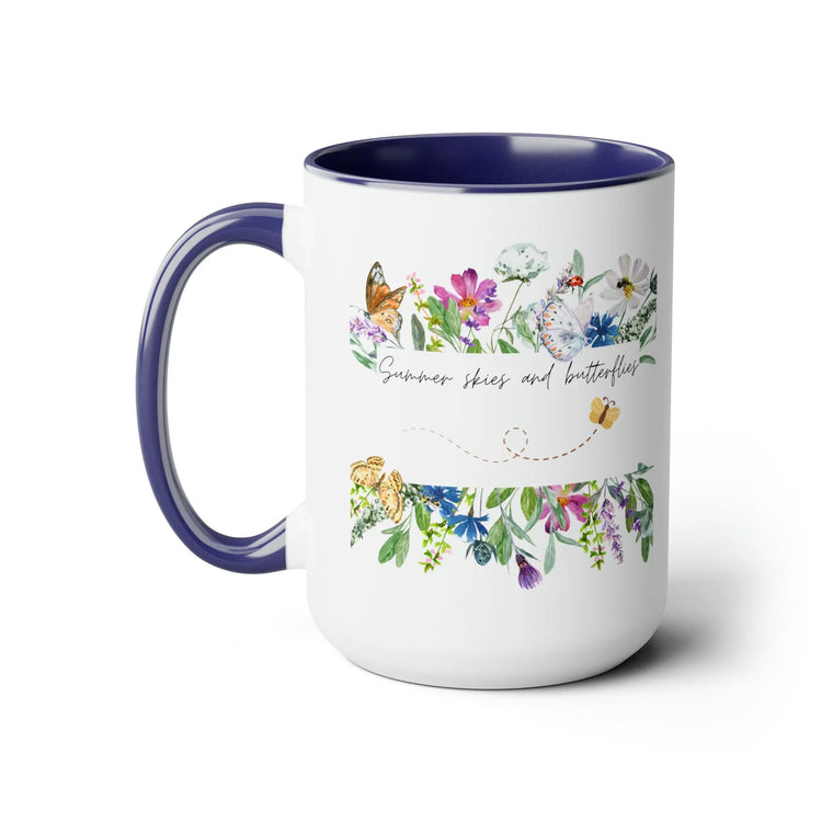 Two-Tone Coffee Mugs, 15oz., Inspirational summer skies and butterflies pretty colorful beverage cup with enlighting message