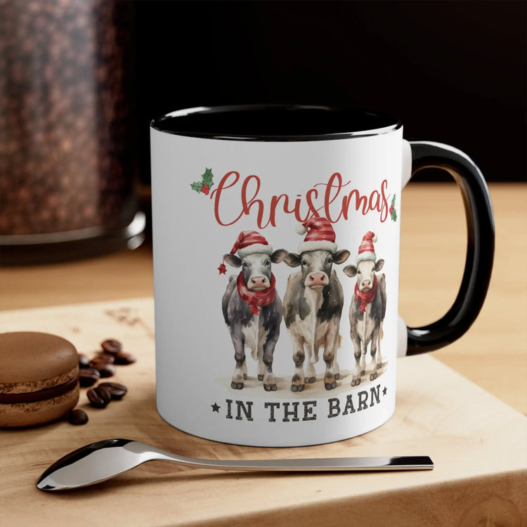 Accent Coffee Mug, 11oz, Christmas in the barn farmhouse country style kitchen design decor two tone hot coco apple cider holiday mood cup The Aurora Touch