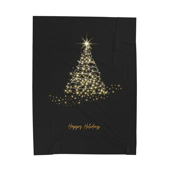 Velveteen Plush Blanket, Happy Holiday Blanket, Xmas tree Design, Black Xmas blanket, Holiday Theme Blanket, Soft Couch Throw