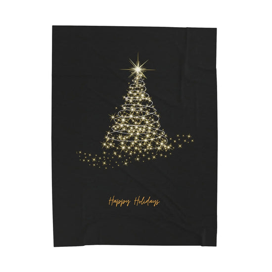 Velveteen Plush Blanket, Happy Holiday Blanket, Xmas tree Design, Black Xmas blanket, Holiday Theme Blanket, Soft Couch Throw The Aurora Touch