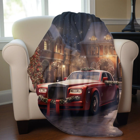 Velveteen Plush Blanket, Holiday Red Rolls-Royce Xmas luxury car scene stylish cozy warm fireplace couch bed chair TV cuddle fleece throw The Aurora Touch
