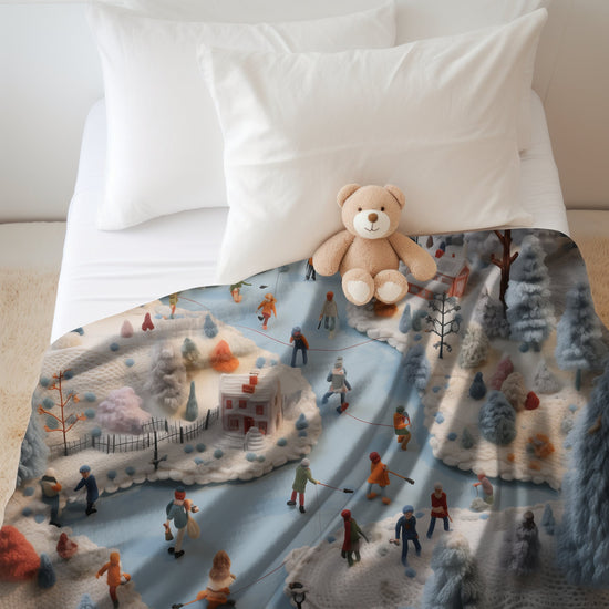 Velveteen Xmas Holiday Plush Blanket any room child bedroom ice skating festive family portraot design soft cozy winter bedspread throw