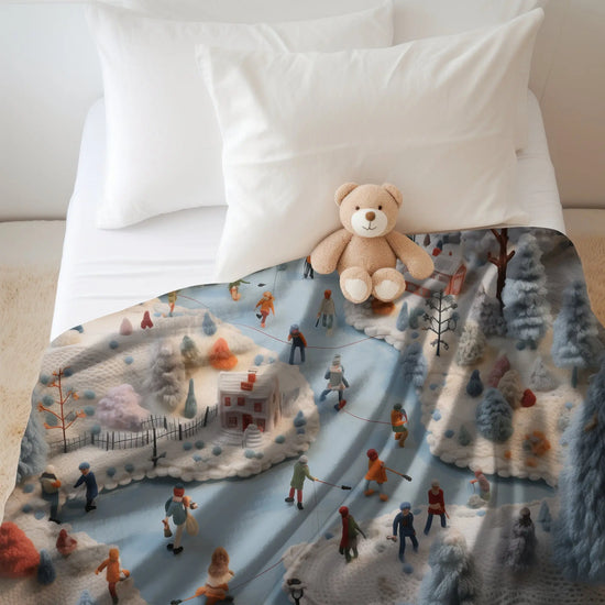 Velveteen Xmas Holiday Plush Blanket any room child bedroom ice skating festive family portraot design soft cozy winter bedspread throw The Aurora Touch