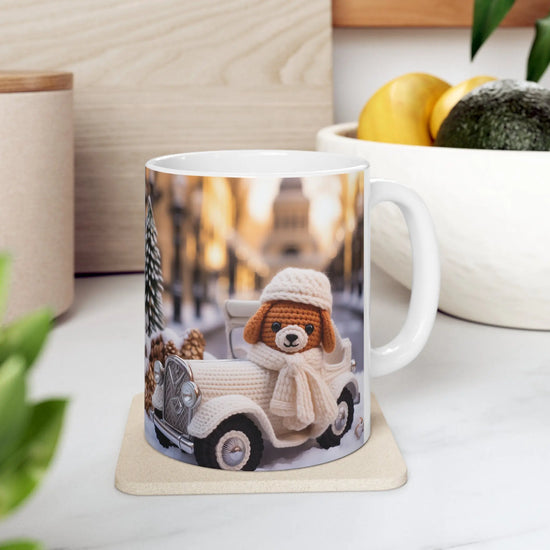 Ceramic Mug 11oz, Crochet design, Holiday mug, coffee cup, Hot tea mug, Designer mug, Xmas novelty mugs, gingerbread man The Aurora Touch