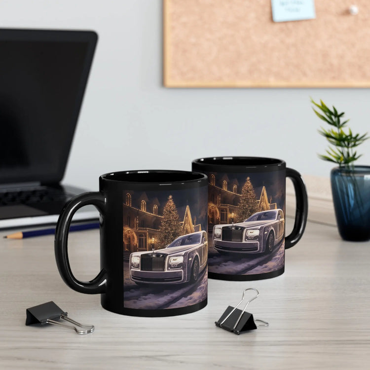 11oz Black Mug, Designer Rolls Royce holiday white Xmas portrait stylish home office decor everyday beverage mug The Aurora Touch