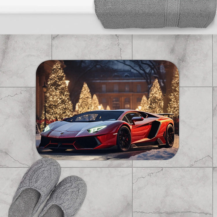 Red Lamborghini Holiday Scenery Bath Mat | Luxury Car Decor | Christmas Gift Ideas The Aurora Touch