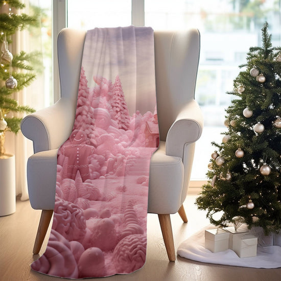 Velveteen Plush Pink Holiday Blanket gingerbread man sofy cozy child room living room any room xmas decor throw