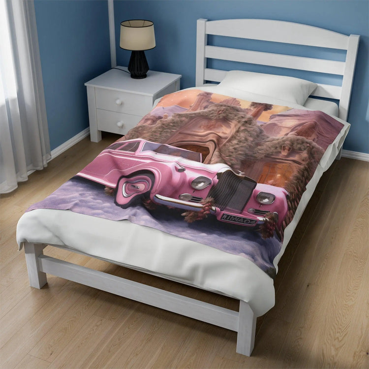 Velveteen Plush Blanket, Pretty in pink luxury classic car image living room bedroom couch fancy soft comfy throw quilt great for holiday The Aurora Touch