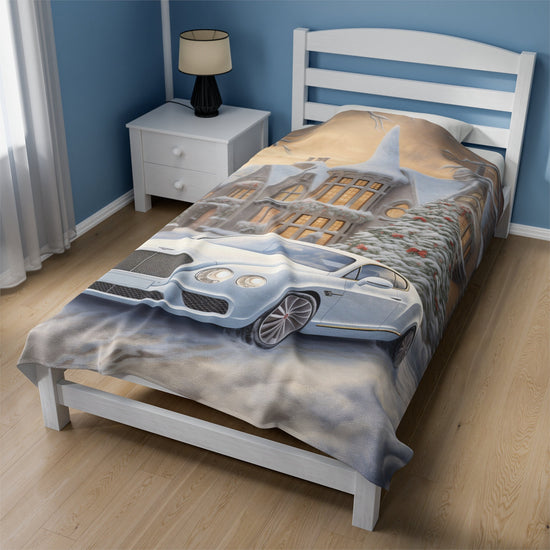 Velveteen Plush Blanket, Luxury fancy white Bentley exotic car portrait living room bedroom Xmas holiday warm soft cuddly decor couch throw