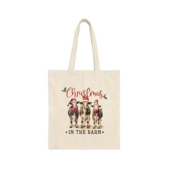 Farm House Country Xmas Cotton Canvas Tote Bag, Holiday Travel Gift Bags, Hand Crafted Shopping Bag