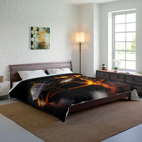 Comforter, Black racing car on fire Lamborghini soft comfy cozy warm stylish young teen bedspread bachelor room decor and great gift