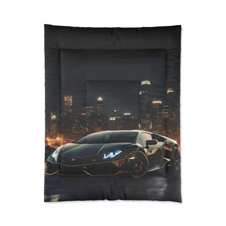 Comforter, Shiny Black Lamborghini designer style warm weather cozy fluffy unique bedspread quilt for Teen Room The Aurora Touch