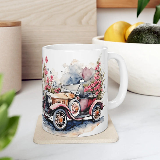 Ceramic Mug 11oz, Vintage Rose Car Coffee mug, Pretty Flowered mug, Pink classic mother mug, Valentines Flowery Mug, Mamma gift The Aurora Touch