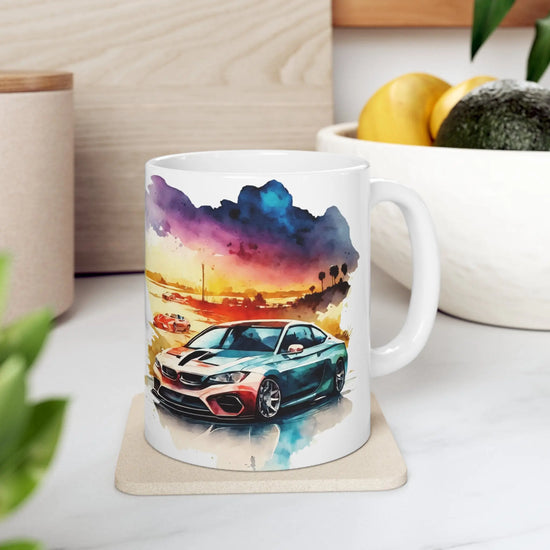 Ceramic Mug 11oz, Colorful Watermark sportscar Mug, Vivid enlighted coffee mug, BMW Sportscar portrait design, Car lover sportscar mug The Aurora Touch