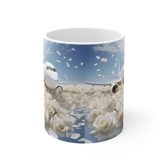 Ceramic Mug 11oz, White Jet floral luxury design portrait art jet-setter fancy pilot stewardess beverage mug gift The Aurora Touch