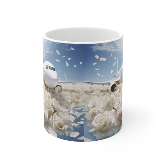 Ceramic Mug 11oz, White Jet floral luxury design portrait art jet-setter fancy pilot stewardess beverage mug gift