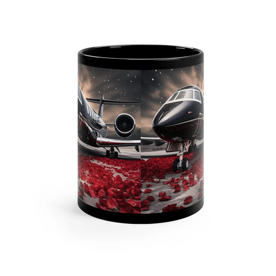 11oz Black Mug, Black Jetsetter fancy red rose petal design traveler beverage cup great for Pilot stewardess gift The Aurora Touch