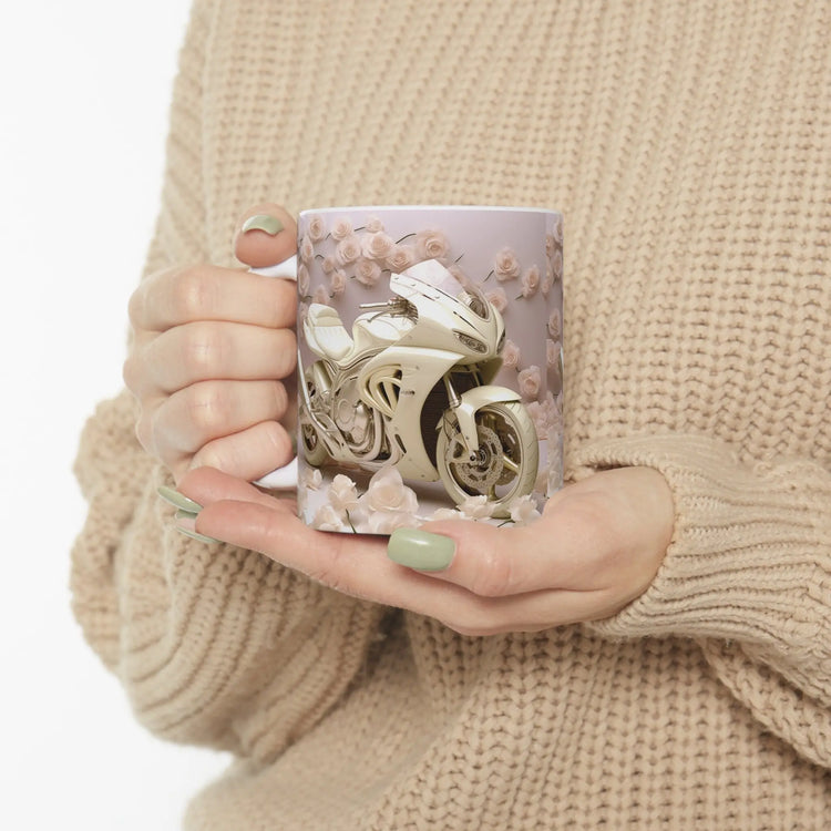 Ceramic Mug 11oz, Fancy Motorcycle pastel floral design fast bike lover coffee hot tea beverage cup great gift for her The Aurora Touch