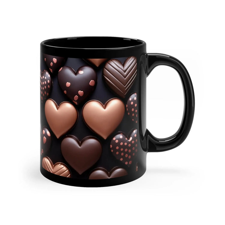 11oz Black Mug, Heart chocolate candy print pattern all over design theme valentines birthday sweatheart coffee beverage cup gift The Aurora Touch