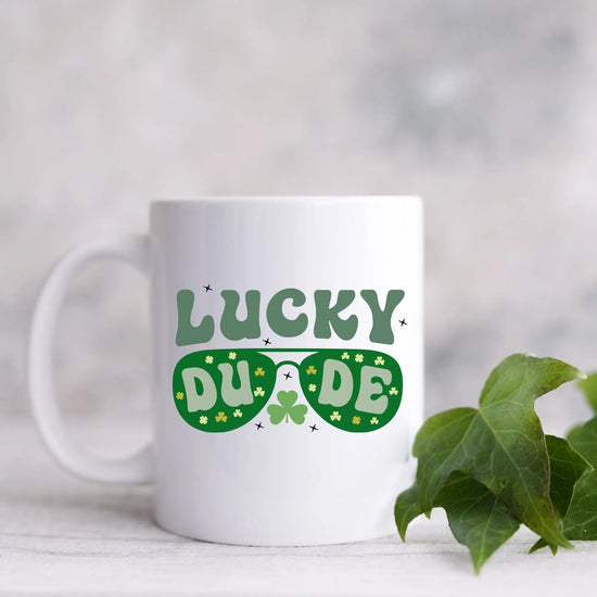 Ceramic Mug 11oz, Lucky Dude St Pattys Day Mug, Green Clover Coffee Mug, Shamrock Lucky Male Mug, Festive Holiday Cup