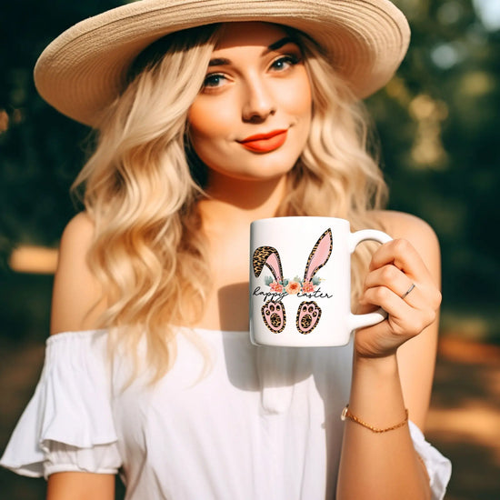 Ceramic Mug, 11oz, Happy Easter Coffee Mug, Bunny ears springtime mug, decorative Easter time items, Friendship gift