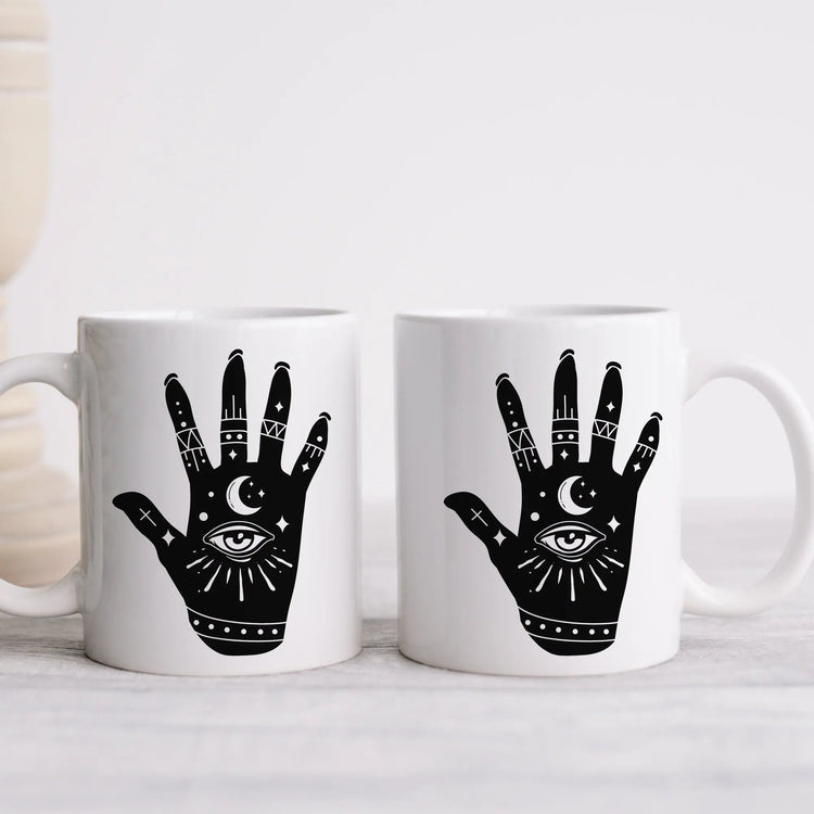Celestial Ceramic Mug 11oz | Moon on Hand Astrological Design | Mystical & Lucky Coffee Tea Cup | Psychic Kitchen Mug | Celestial Coffee Mug The Aurora Touch