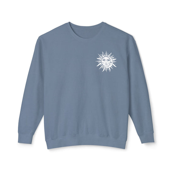 Unisex Lightweight Crewneck Sweatshirt, Sun Moon Tarot soft cozy casual everyday jeans celestial psychic realm inspired jean sweatshirt