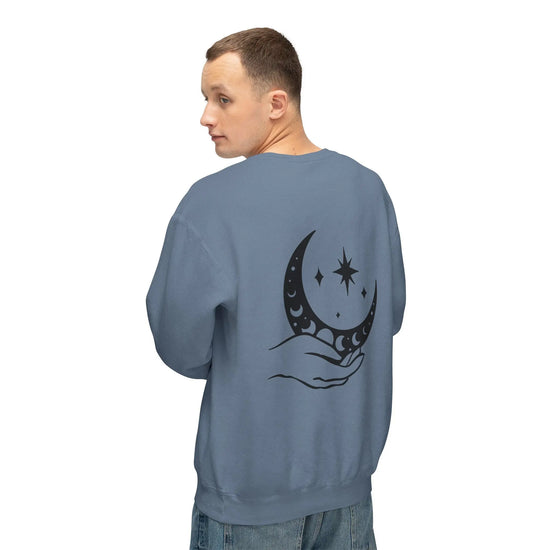 Celestial Lightweight Crewneck Sweatshirt, Moon Hand Astrology Sign, Mystical Cozy Shirt, Unisex Sweatshirt