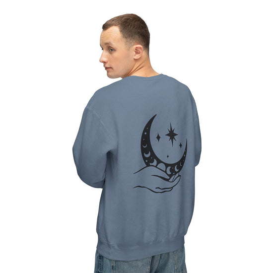 Celestial Lightweight Crewneck Sweatshirt, Moon Hand Astrology Sign, Mystical Cozy Shirt, Unisex Sweatshirt