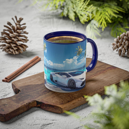 Colorful Mugs, 11oz, White Lamborghini on the beach luxury exotic car coffee beverage kitchen cup decor