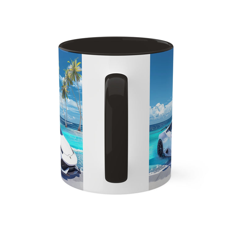 Colorful Mugs, 11oz, White Lamborghini on the beach luxury exotic car coffee beverage kitchen cup decor