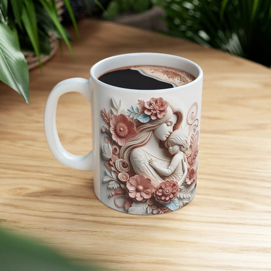 Ceramic Mug, 11oz, Beautiful Mother Child Design pink white floral artistic design baby shower Mother&