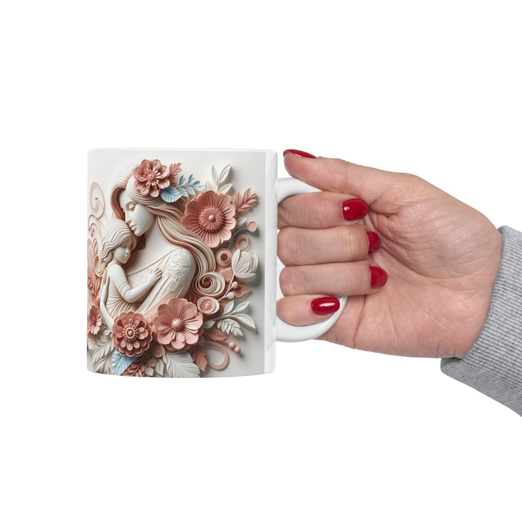 Ceramic Mug, 11oz, Beautiful Mother Child Design pink white floral artistic design baby shower Mother&