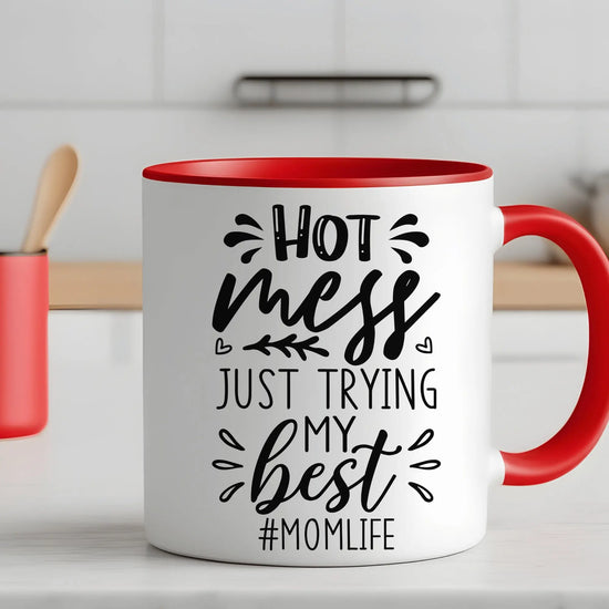 Colorful Mugs, 11oz, Humorous Hot mess Mom Life saying casual 2 tone coffee tea hot cocoa novelty funny cup great gift The Aurora Touch
