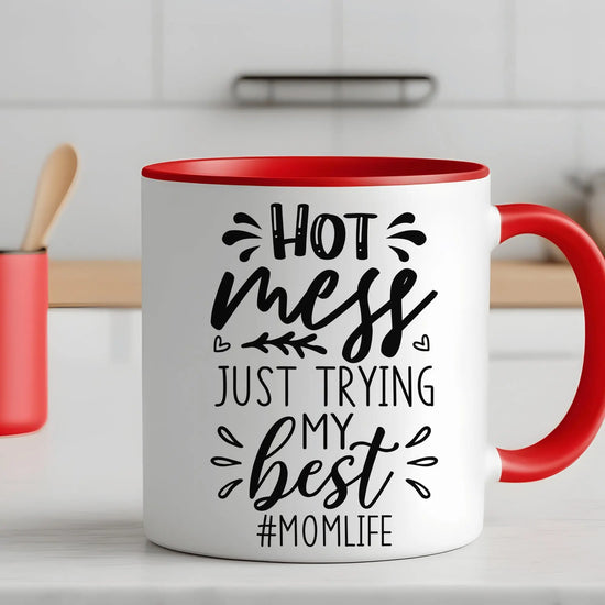 Colorful Mugs, 11oz, Humorous Hot mess Mom Life saying casual 2 tone coffee tea hot cocoa novelty funny cup great gift