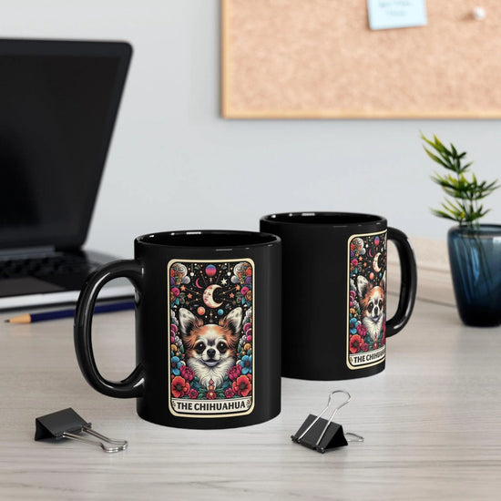 Black Mug (11oz, ), The Chihuahua Tarot Card, Celestial coffee Mug, Colorful Pet lover gift, Everyday drinking Mug, Great Grad gift The Aurora Touch