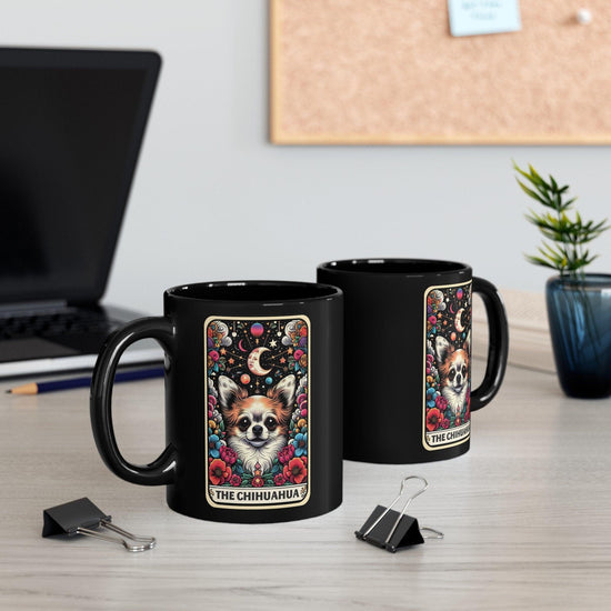 Black Mug (11oz, ), The Chihuahua Tarot Card, Celestial coffee Mug, Colorful Pet lover gift, Everyday drinking Mug, Great Grad gift