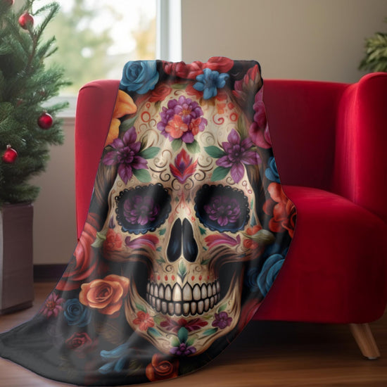 Velveteen Blanket, Day of the Dead Dia de los Muertos traditional sugar skull spooky gothic Halloween fashion cozy couch bed throw blanket