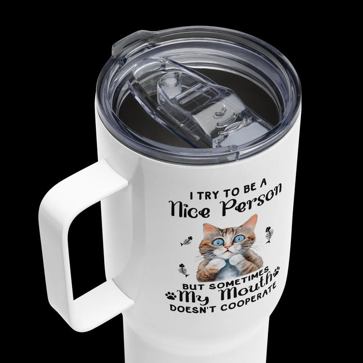 Travel mug with a handle, Humorous funny sarcastic two sided cat portrait white durable sip and go travel sleek hiking car travel mug The Aurora Touch