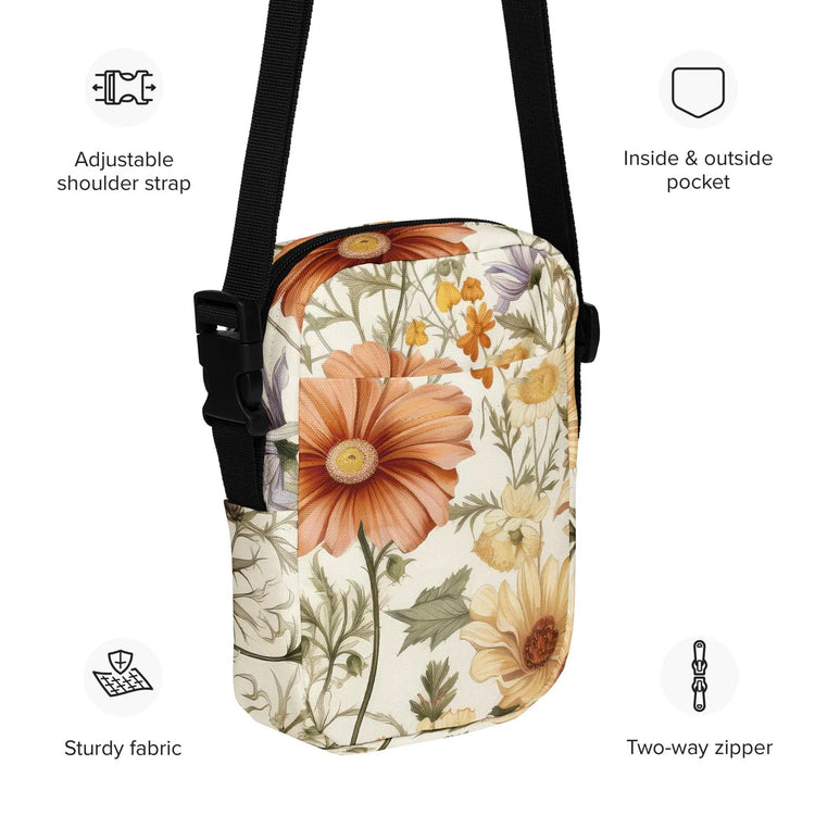 Utility crossbody bag, pretty floral print spring summer winter all occasion everyday sturdy adjustable strap zipper casual handbag The Aurora Touch